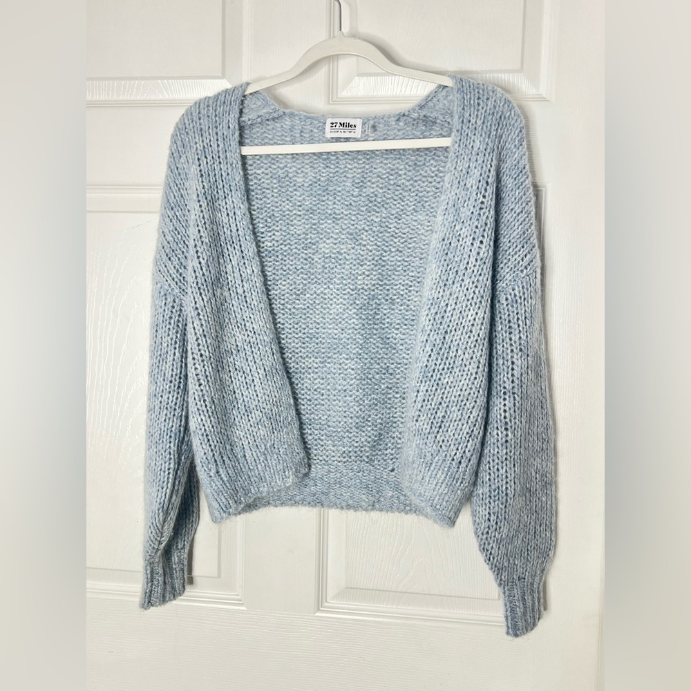 27 Miles Malibu Bruin Cardigan Blue Cable Knit Mohair Wool Blend Sweater S